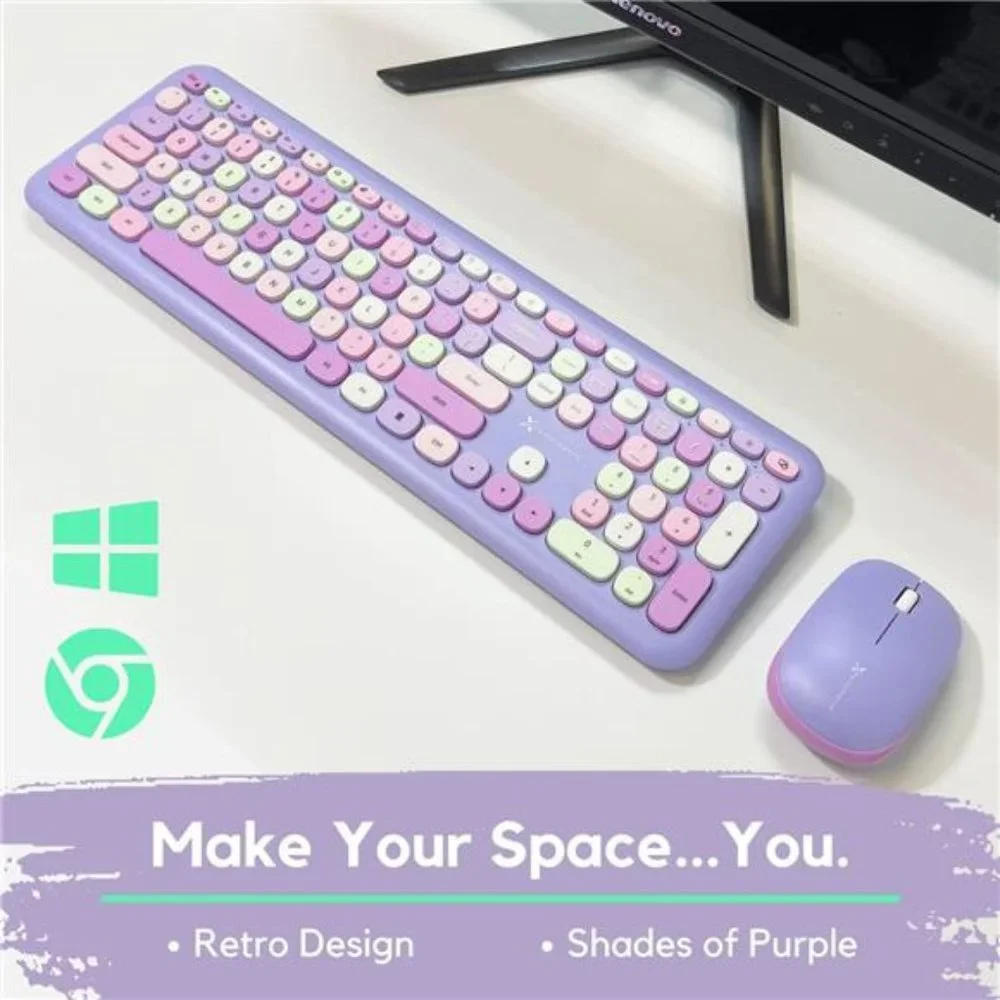 Colorful Keyboard and Mouse Combo - 2.4G Wireless Aesthetic Purple Keyboard